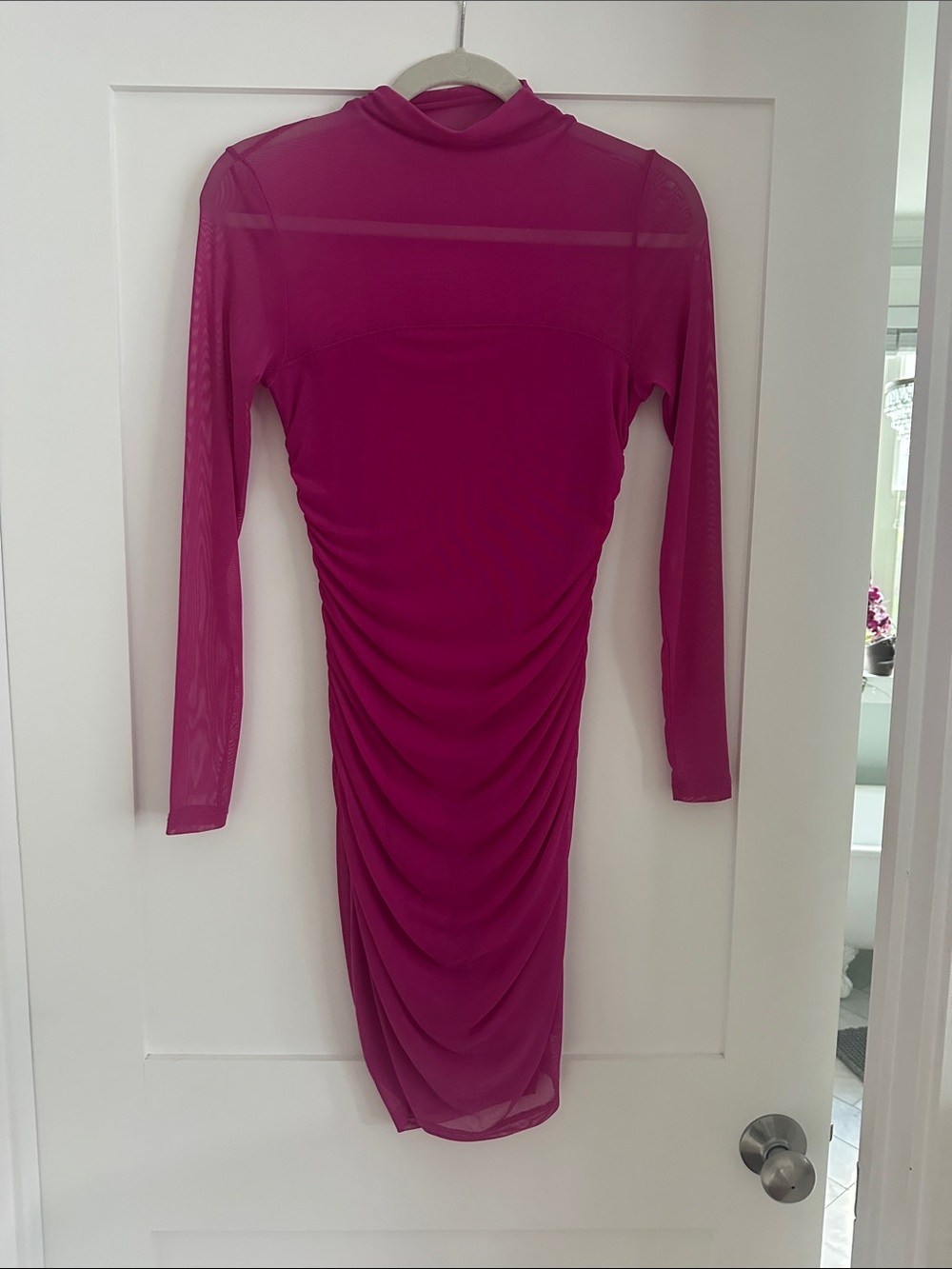 Steve Madden Magenta Mesh Ruched Long Sleeve Midi Dress